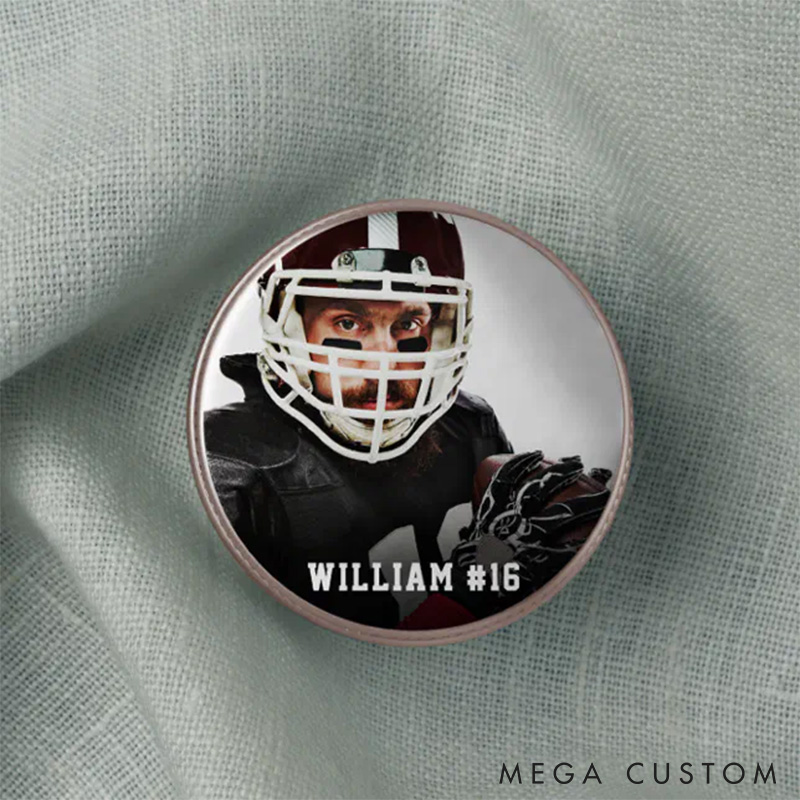 Personalized American Football Button Pin with Custom Name, Number and Photo