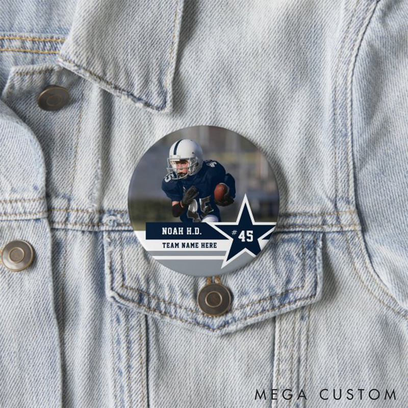 Personalized American Football Button Pin with Custom Your Dynamic Photo, Team Name, Name and Number