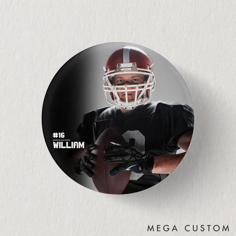 Personalized American Football Button Pin with Custom Player's Name, Number and Photo