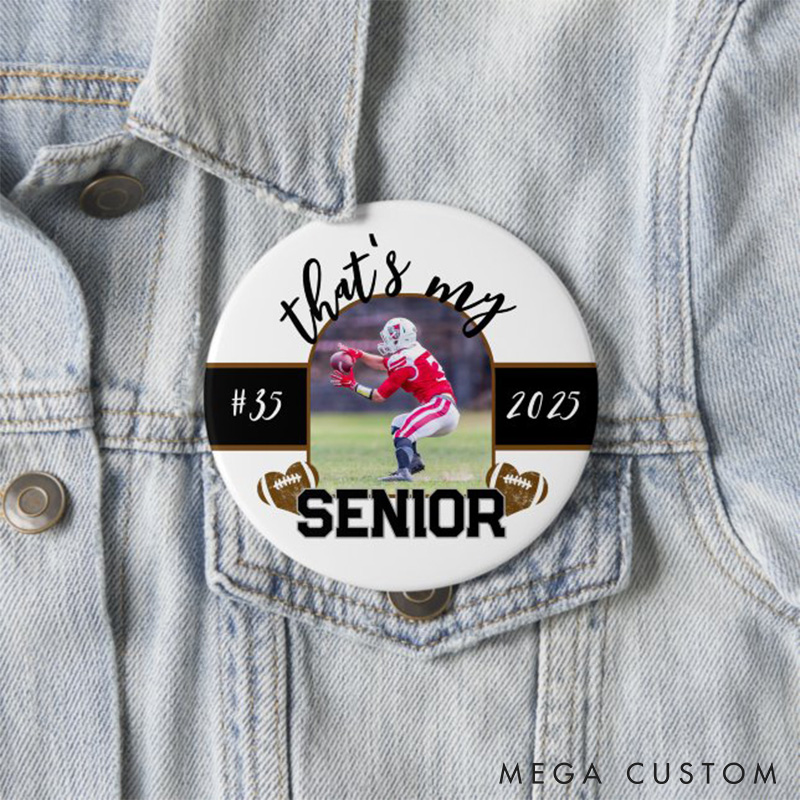 Personalized American Football Button Pin with Custom Player's Number, Year and Photo