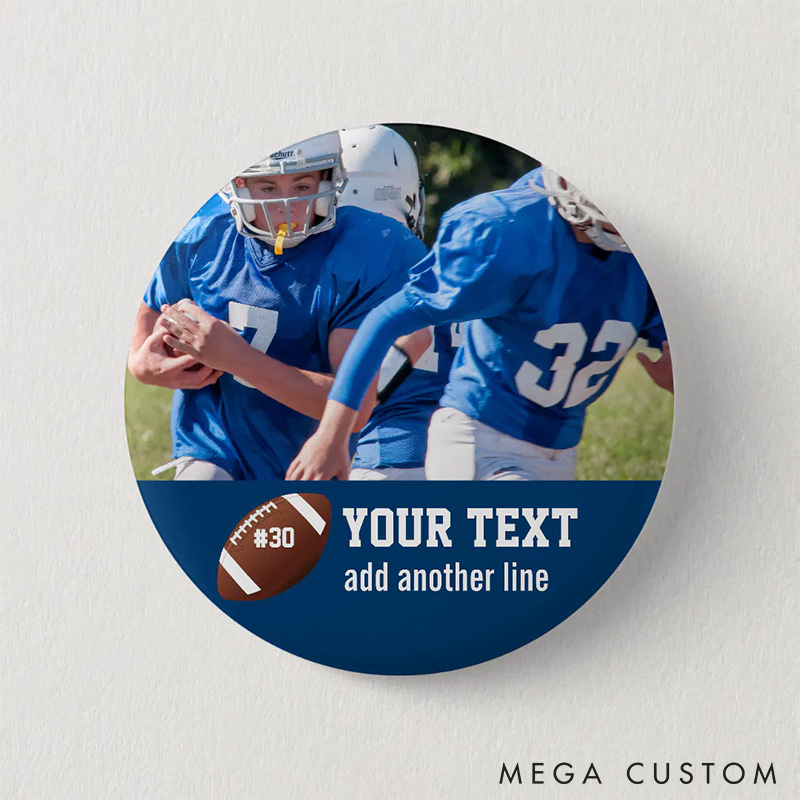 Personalized American Football Button Pin with Custom Player's Number, Text and Photo