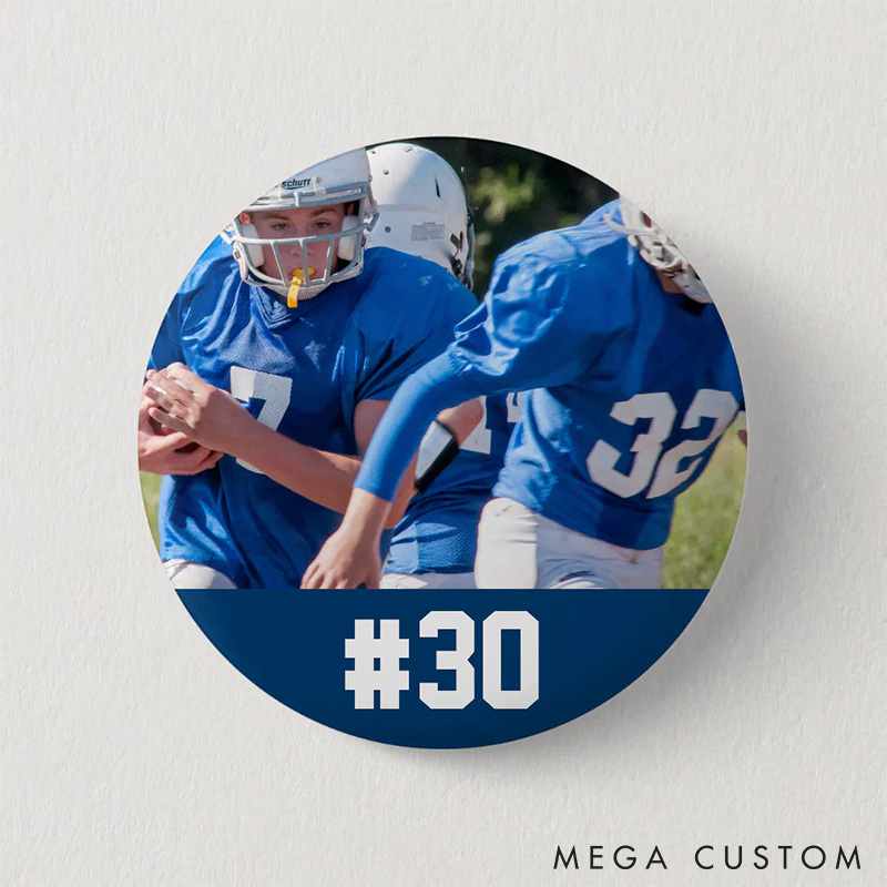 Personalized American Football Button Pin with Custom Player's Number and Photo for Fans