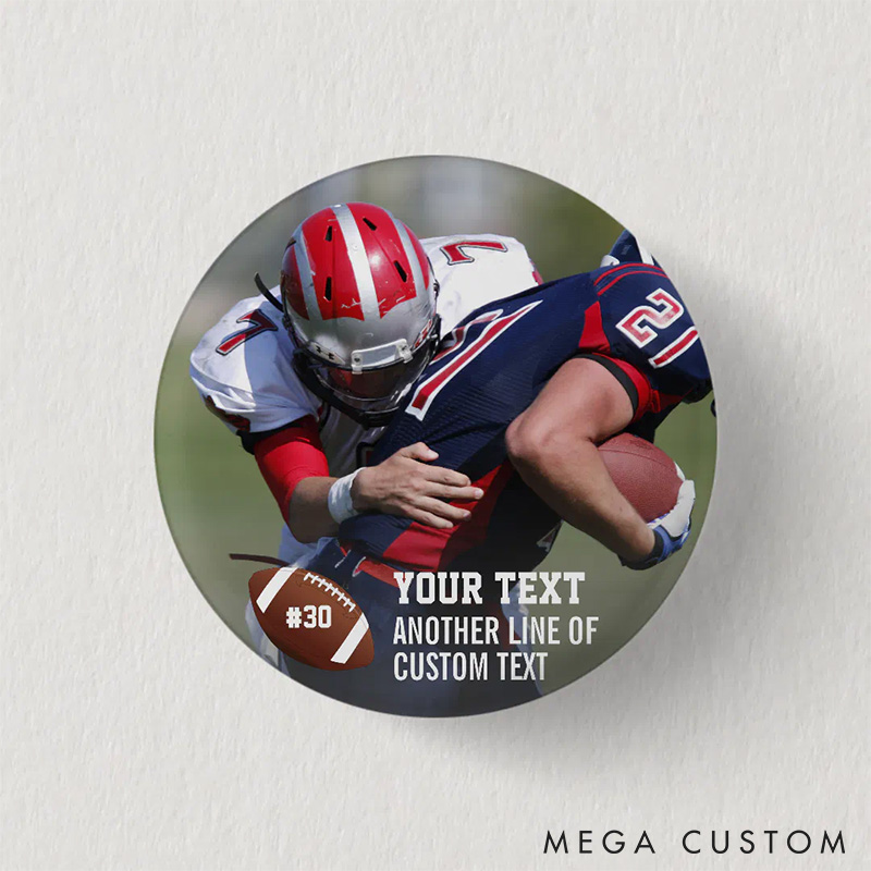 Personalized Action American Football Button Pin with Custom Player's Number,Text and Photo