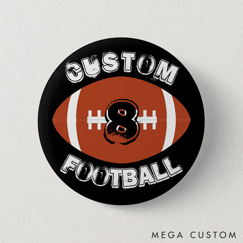 Personalized American Football Ball Design Button Pin with Custom Number and Text