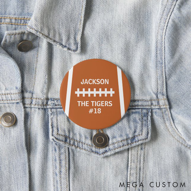 Personalized American Football Button Pin with Custom Your Name, Team Name and Number