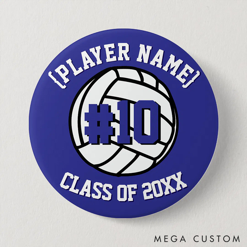 Personalized Volleyball Graduation Button Pin with Custom Player Name, Number and Year