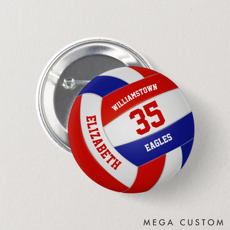 Personalized Team Spirit Volleyball Button Pin with Custom Player Name, Number and Team Name