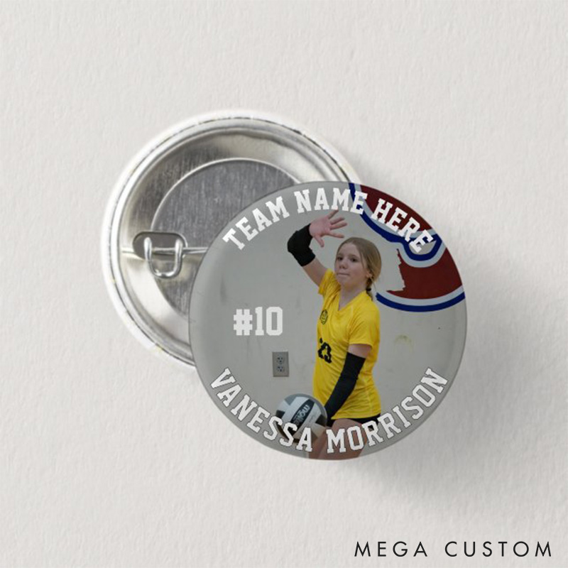 Personalized Action Shot Volleyball Button Pin with Custom Player Name, Number, Team Name and Photo