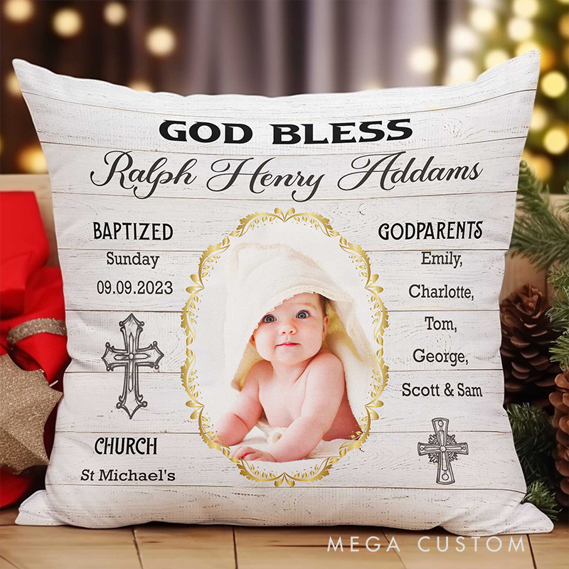 Personalized God Bless Throw Pillow with Name and Photo Religious Gift Baptism Gift for Boys and Girls