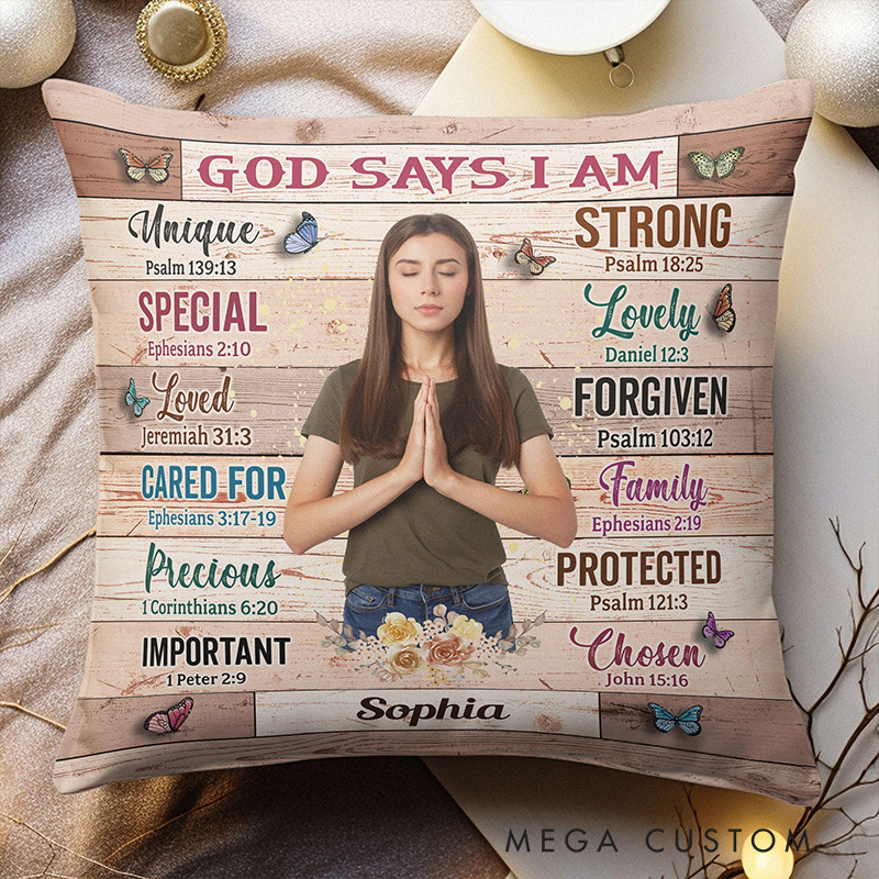 Personalized God Says i am Unique Throw Pillow with Name and Photo Religious Gift Birthday Gift for Women