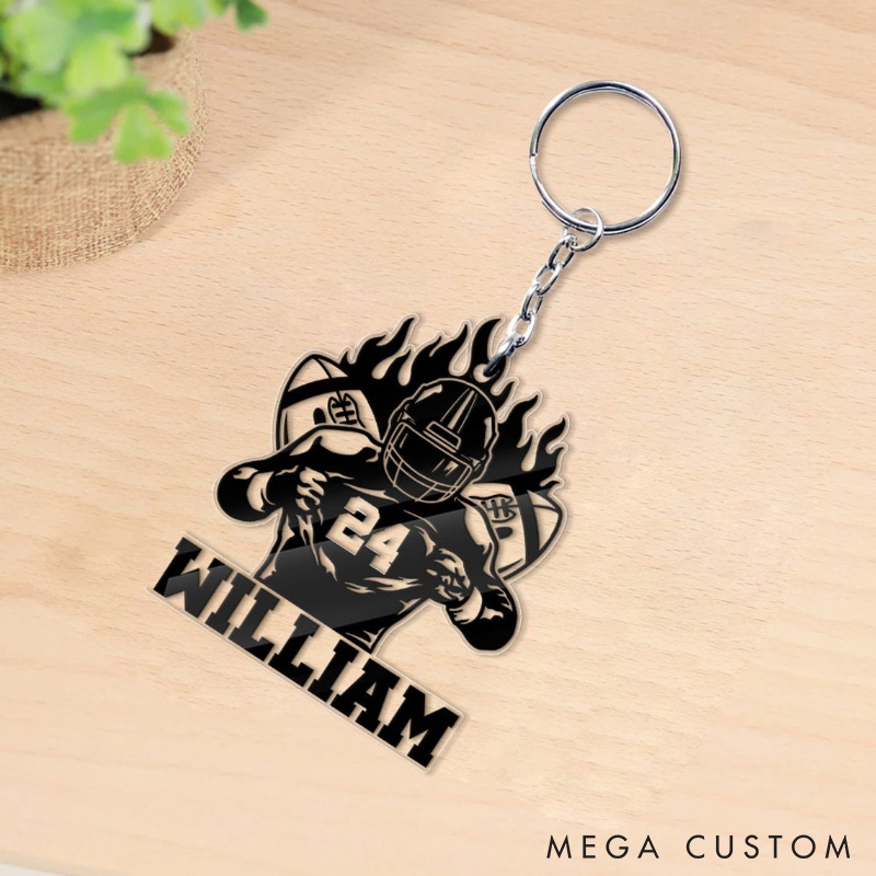 Personalized Fire and Player Design American Football Acrylic Keychain with Custom Number and Name