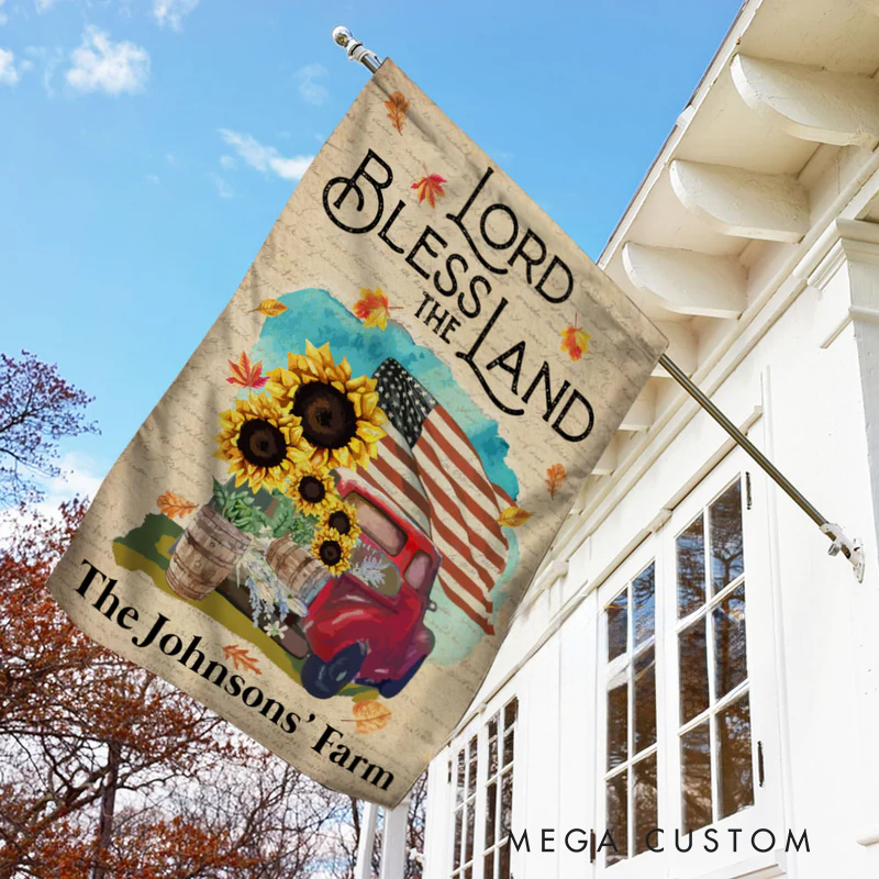 Personalized Farm Truck God Bless the Land Garden Flag with Text Yard Porch Decor Christmas Religious Gift for Family Christian