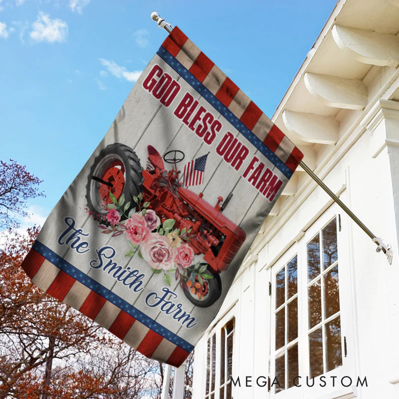 Personalized God Bless Our Farm Tractor Garden Flag with Text Yard Porch Decor Christmas Religious Gift for Family Christian