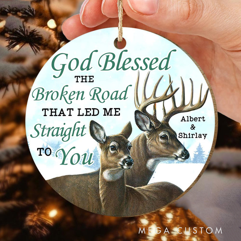 Personalized Couple Deer God Blessed the Broken Road Circle Wooden Ornament with Names Christian Gift for Couple