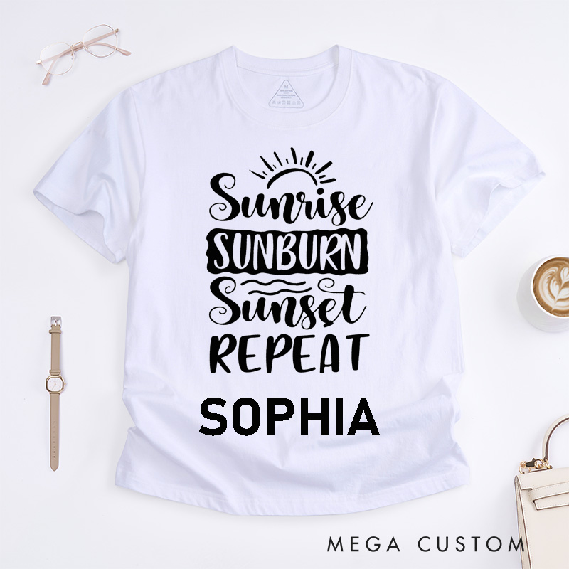 Personalized Sunrise Sunset Repeat Custom Name Unisex Classic T-Shirts Summer Gift for Music Lovers Friends Family Unique Personalized Present