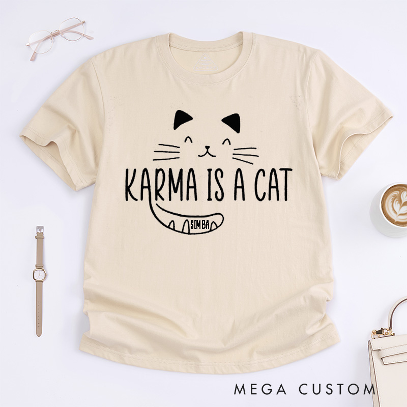 Personalized Karma Is A Cat Unisex Classic T-Shirts Custom Music Lovers Cute Cat Lovers Gift Unique Tee for Swifties Friends Family