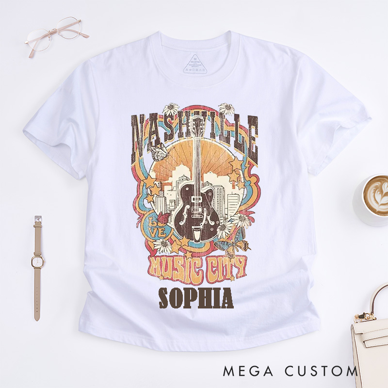 Personalized Nashville Music City Classic T-Shirts Custom Name Vintage Retro Guitar Unisex Gift for Country Music Lovers Men Women Birthday Concert