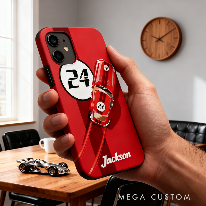 Personalized Racing Style Phone Case Custom Name and Number Retro Car Design Gift for Car Lovers
