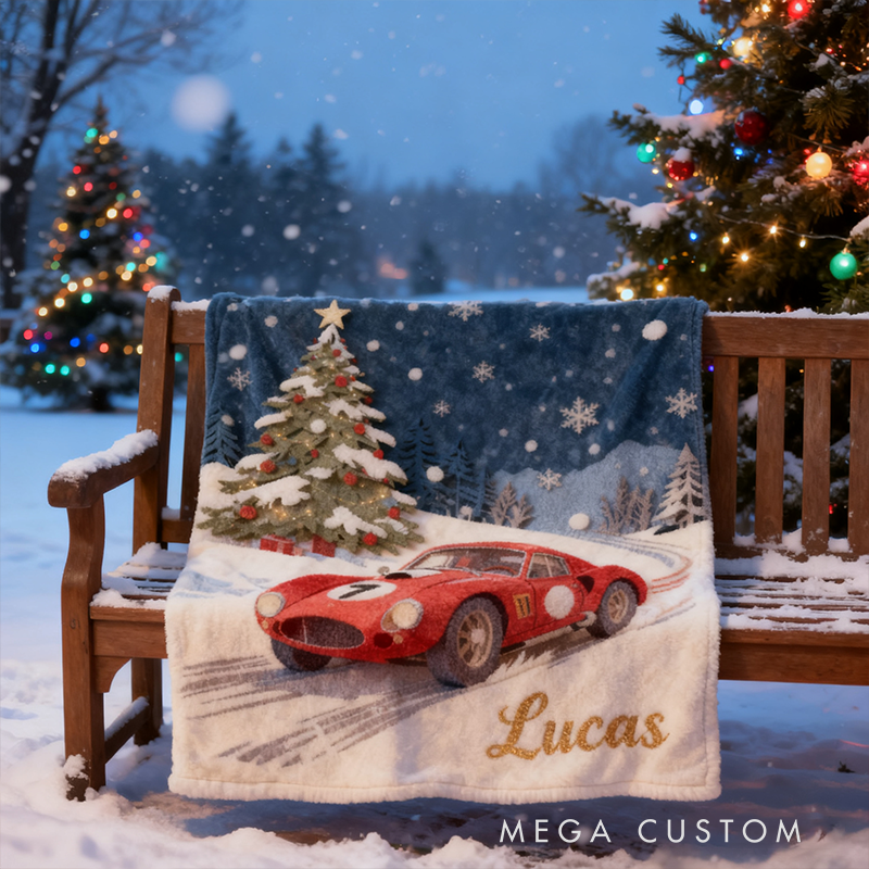 Personalized Christmas Racing Car Blanket Custom Name Winter Throw for Car Lovers Holiday Gift Home Decor