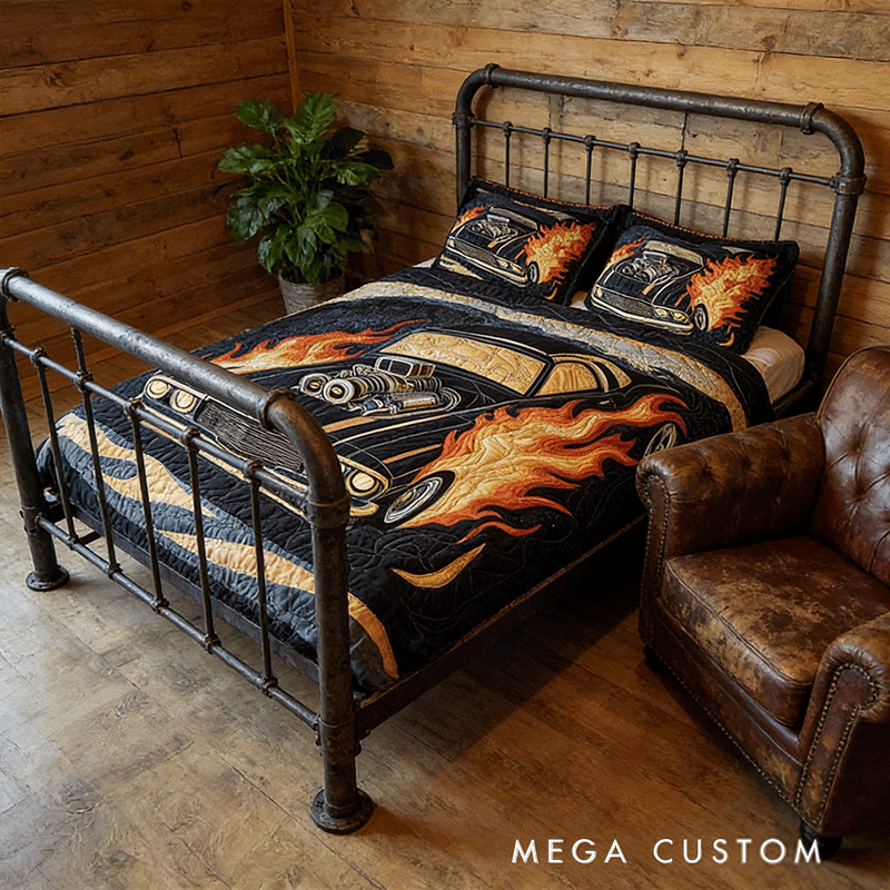 Personalized Flaming Muscle Car Quilt Bed Set Special Line Gift for Racing Lovers