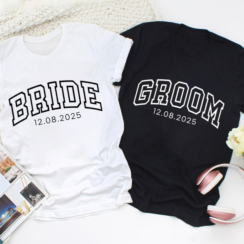 Personalized Varsity-Inspired Bride and Groom with Date Matching Wedding Couple Classic T-Shirt