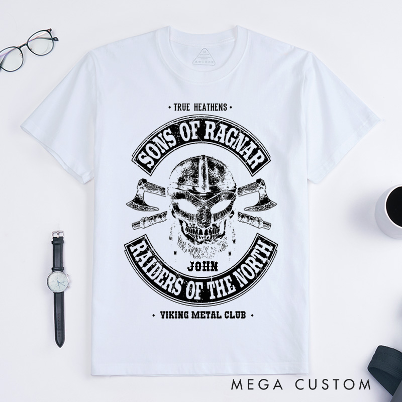 Personalized Viking Skull Classic T-Shirts Custom Name Norse Warrior Gift for Men Women Unique Raiders of the North Viking Metal Music Fans Tee