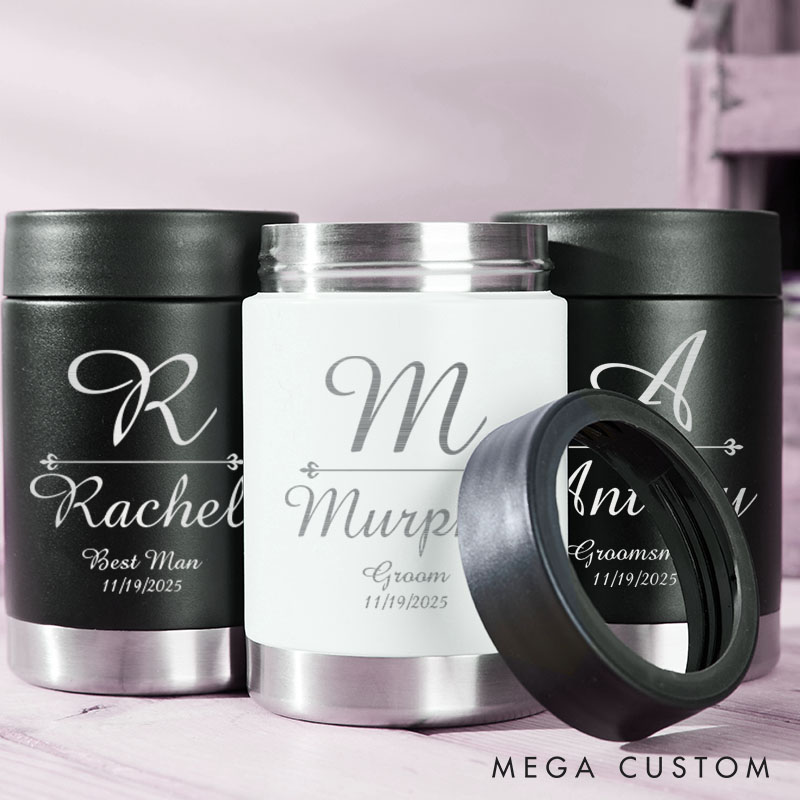Personalized Wedding Can Coolers Groomsmen Beer Can Holder with Initial and Name Bachelor Gifts for Groom Best Man