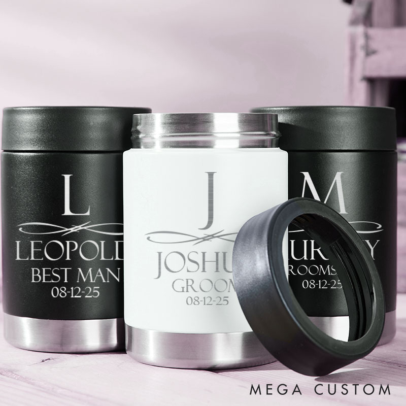Personalized Initial and Name Wedding Can Cooler Bachelor Party Gifts for Groom Best Man Gift Can Holder Groomsmen Beer Can Cooler