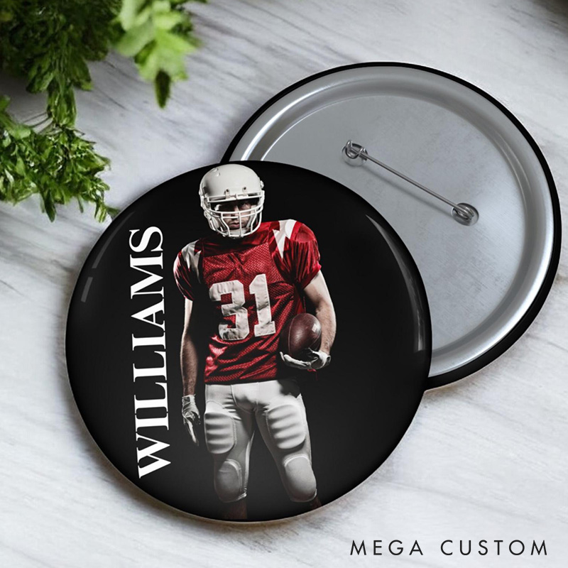 Personalized American Football Design Button Pin with Custom Name and Photo for Sport Fans