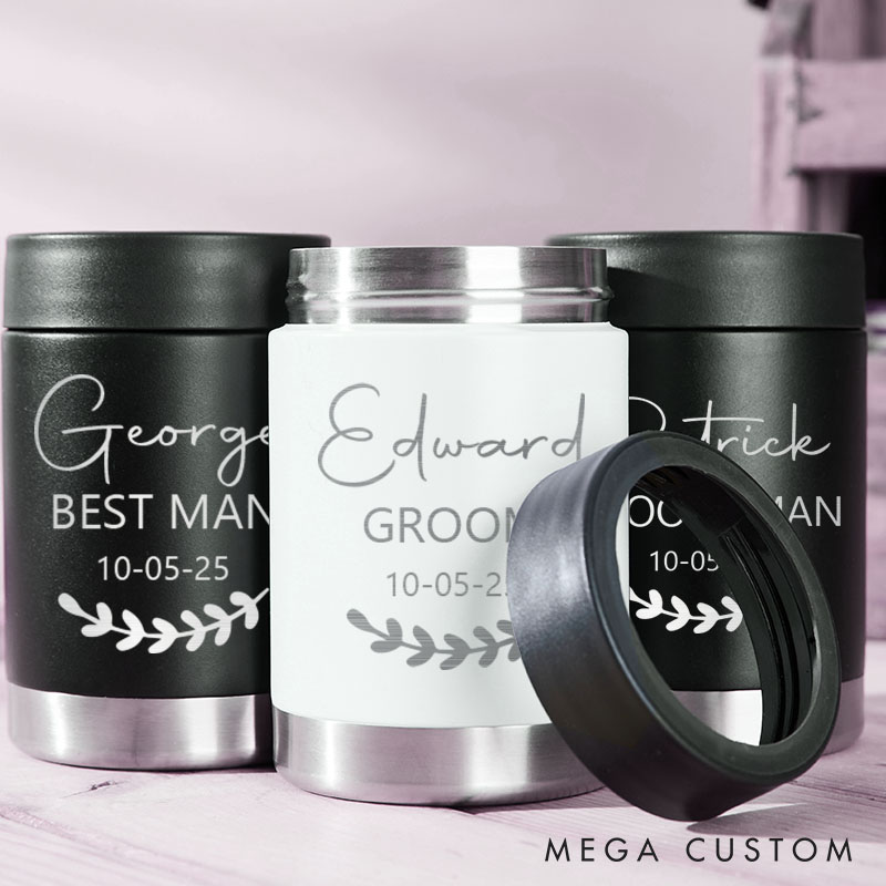 Personalized Groomsmen Can Cooler Elegant Initial and Name Wedding Can Coolers Bachelor Party Favors Can Holder