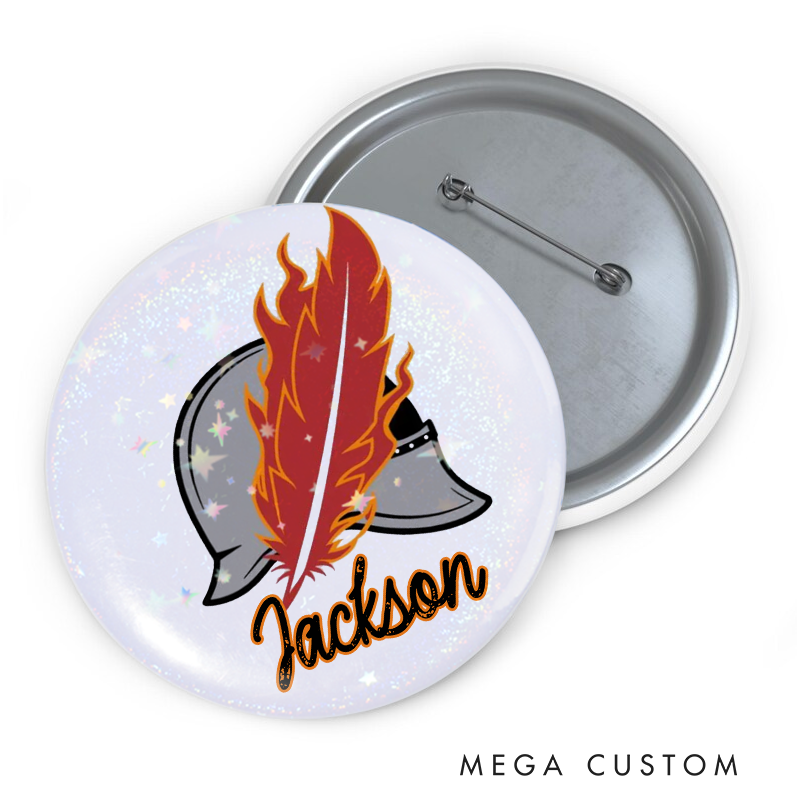 Personalized Firefighter Button Pin Helmet and Flame Feather Design