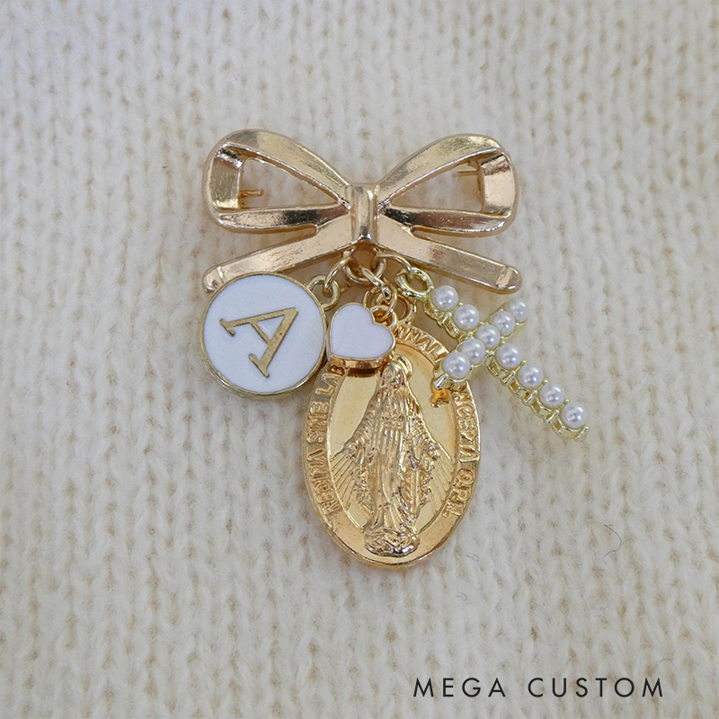 Personalized Virgin Mary Bow Cross Brooch Pin with Initial Christian Baptism Gift for Women Christians Gift Catholic Gift
