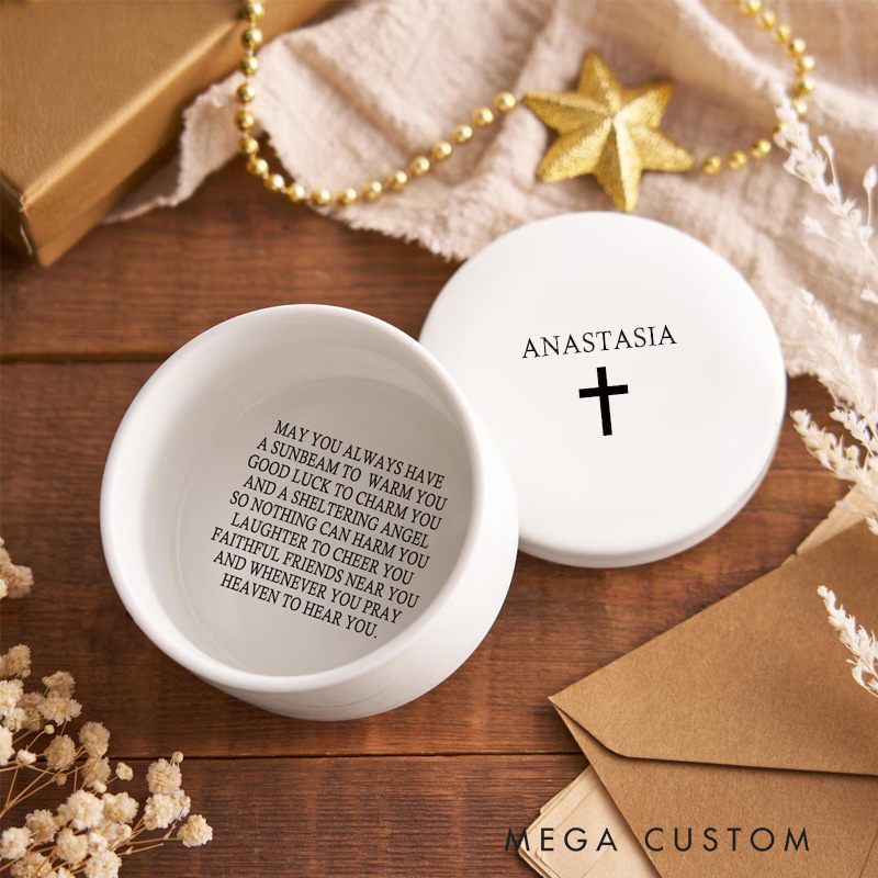 Personalized Cross Ceramic Jewelry Box with Name Keepsake Box Religious Gift Birthday Gift for Women and Girls
