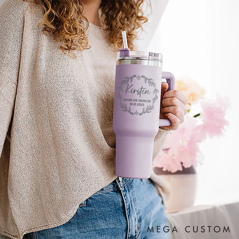 Personalized Bridesmaid Wreath 40oz Tumbler with Heart Maid of Honor Tumbler with Lid and Straw Bachelorette Party Gift for Her Bridal Shower Tumbler