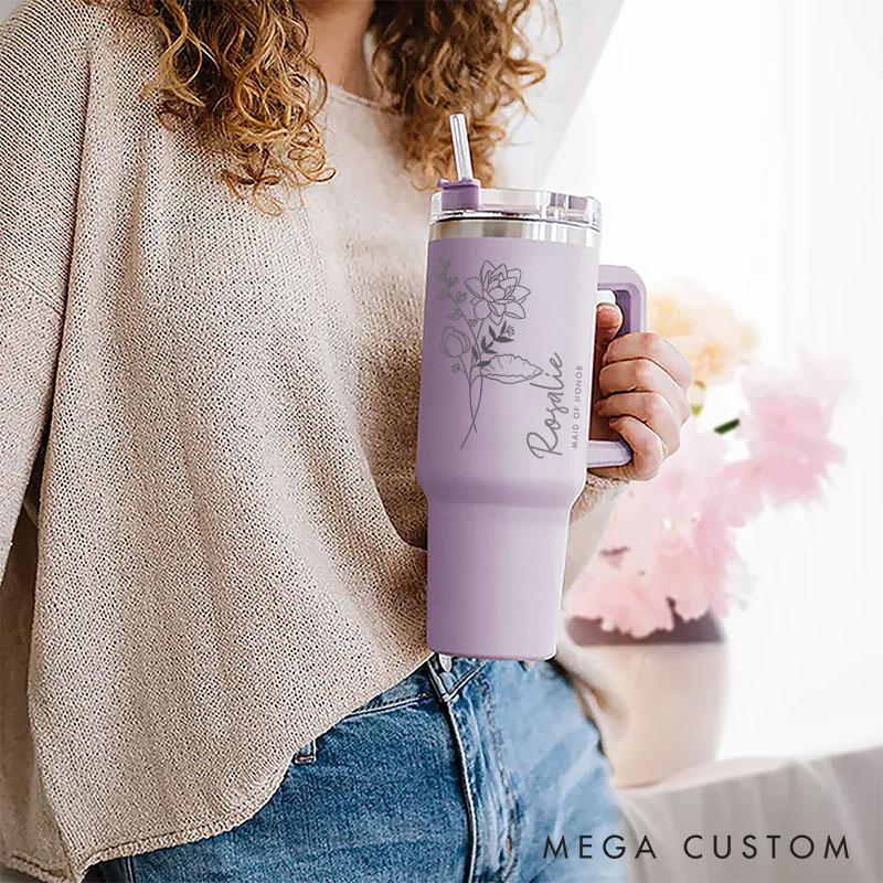 Personalized Bridesmaid Bride Birth Flower 40oz Tumbler Maid of Honor Month Flower Tumbler with Lid and Straw Bachelorette Bridal Shower Party Gift
