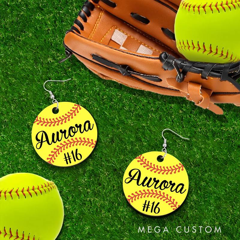 Personalized Round Baseball Softball Wooden Earrings with Name and Number Birthday Anniversary Gift for Sports Lover