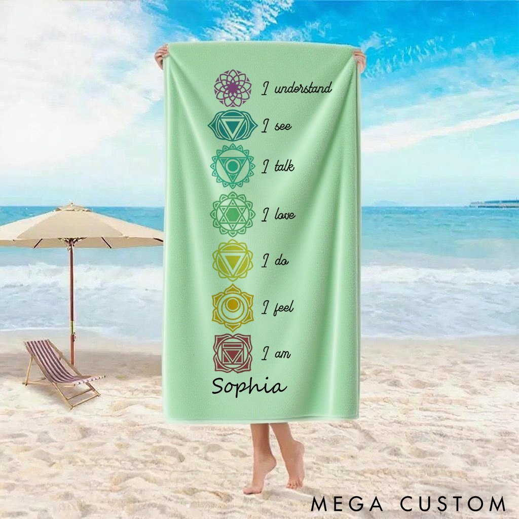 Personalized Chakra Yoga Beach Towel with Seven Chakra Design and Positive Quotes Perfect Gift for Yoga Lover