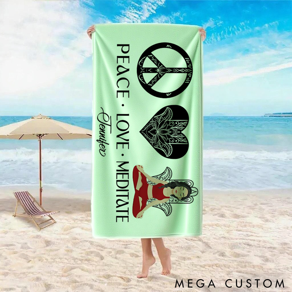 Personalized Peace Love Meditate Beach Towel Perfect Gift for Yoga Lover, Travel and Outdoor Adventures