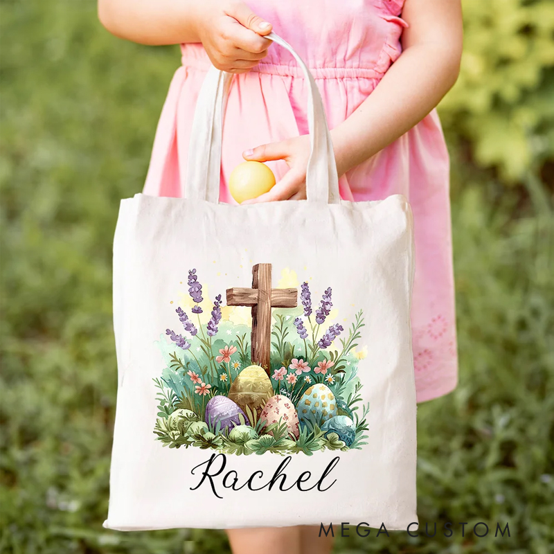 Personalized Floral Cross Easter Eggs Reusable Canvas Bag with Name Birthday Easter Party Gift for Christians