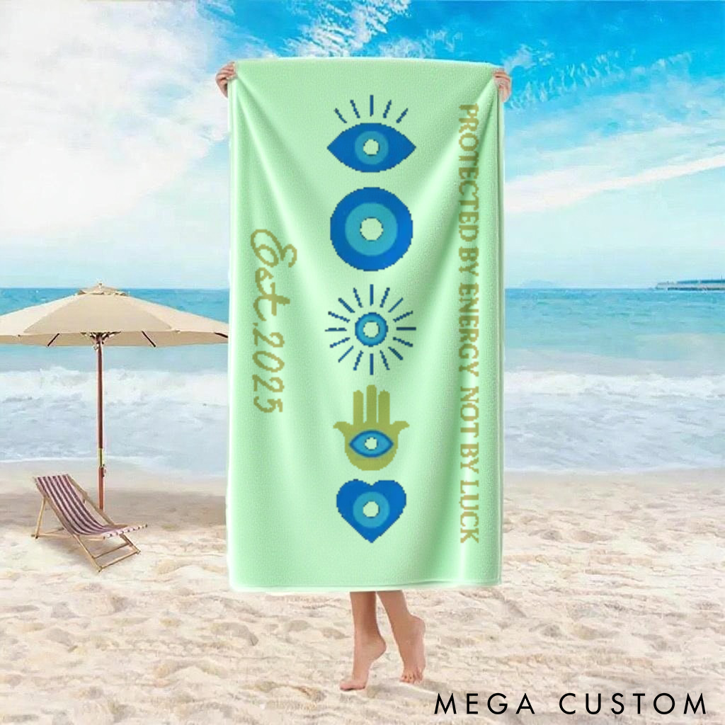 Personalized Evil Eye Beach Towel with Energy Symbol Design Perfect Gift for Yoga Lover, Travel and Outdoor Adventures