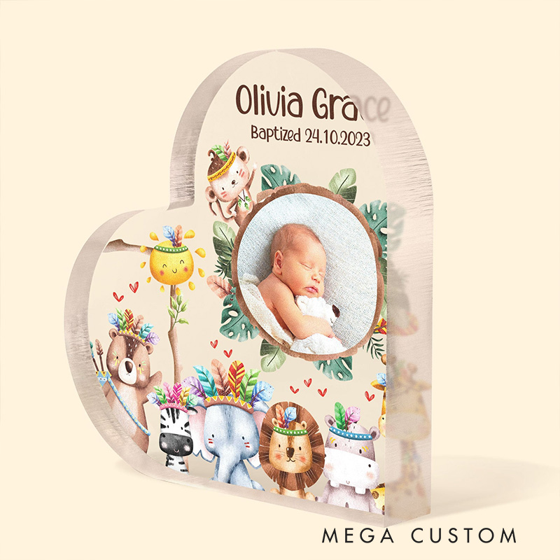 Personalized Cartoon Animals Heart Acrylic Plaque with Name and Text Desk Decor Religious Gift Baptism Gift