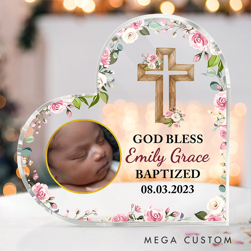 Personalized Cross with Floral Heart Acrylic Plaque with Name and Text Desk Decor Religious Gift Baptism Gift for Girls