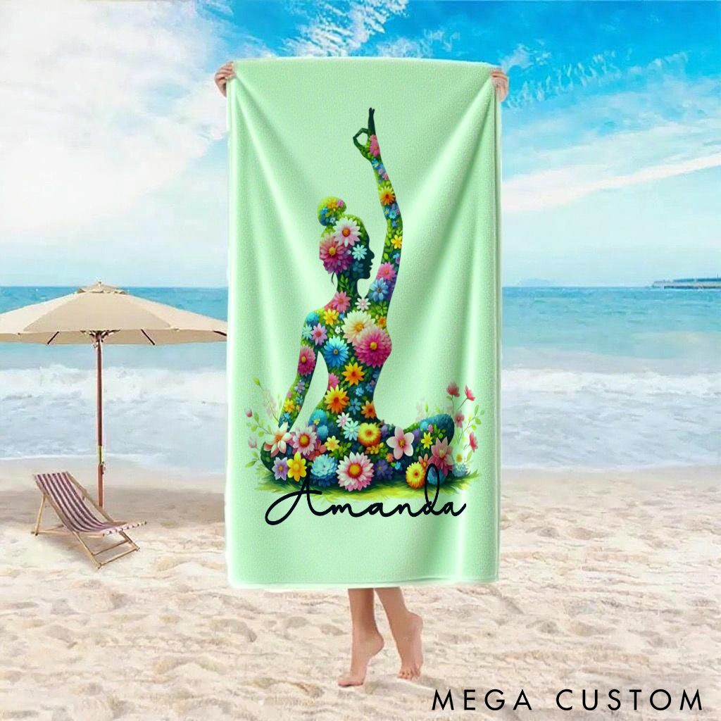 Personalized Floral Yoga Superpower Towel with Vibrant Flower Pose Design Perfect Gift for Yoga Lover