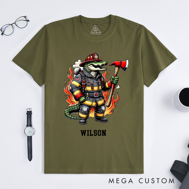 [Copy]Personalized Fun T-Shirt Cartoon Firefighter Crocodile Design Gift for Firefighter T-Shirt