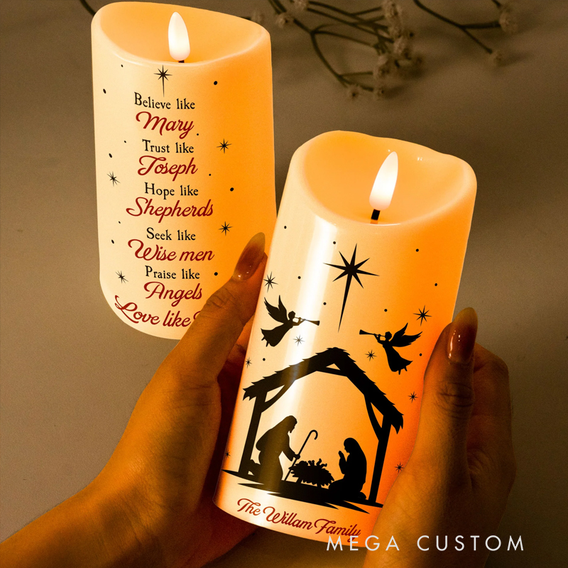 Personalized We Believe Nativity LED Candle with Name Religious Gift Best Gift for Christians