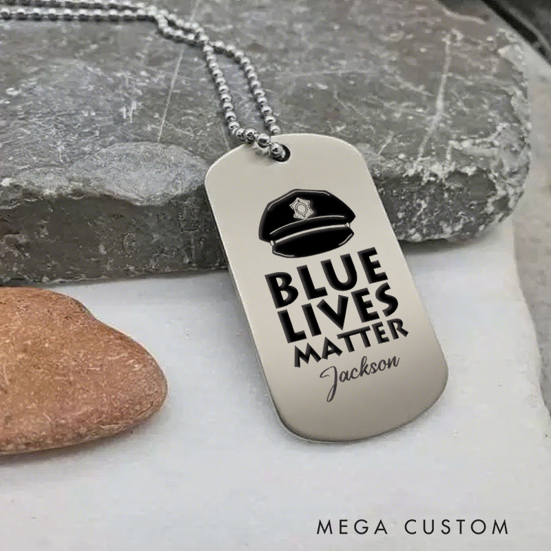 Personalized Blue Lives Matter Dog Tag Necklace Custom Gift for Police Officers