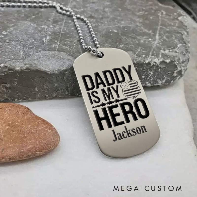 Personalized Daddy Is My Hero Police Dog Tag Necklace Custom Gift for Fathers in Law Enforcement