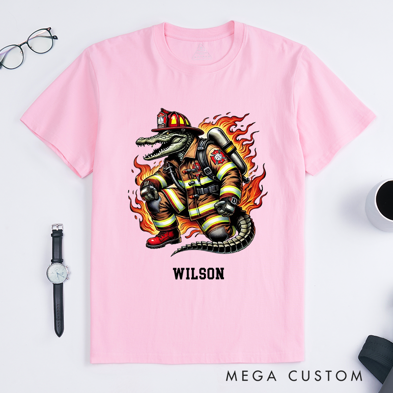 Personalized Bold Dynamic Creative Firefighter Crocodile Illustration Design Gift for Firefighter T-Shirt