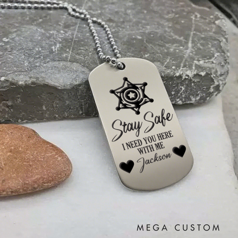 Personalized Stay Safe Sheriff Badge Dog Tag Necklace Custom Gift for Law Enforcement