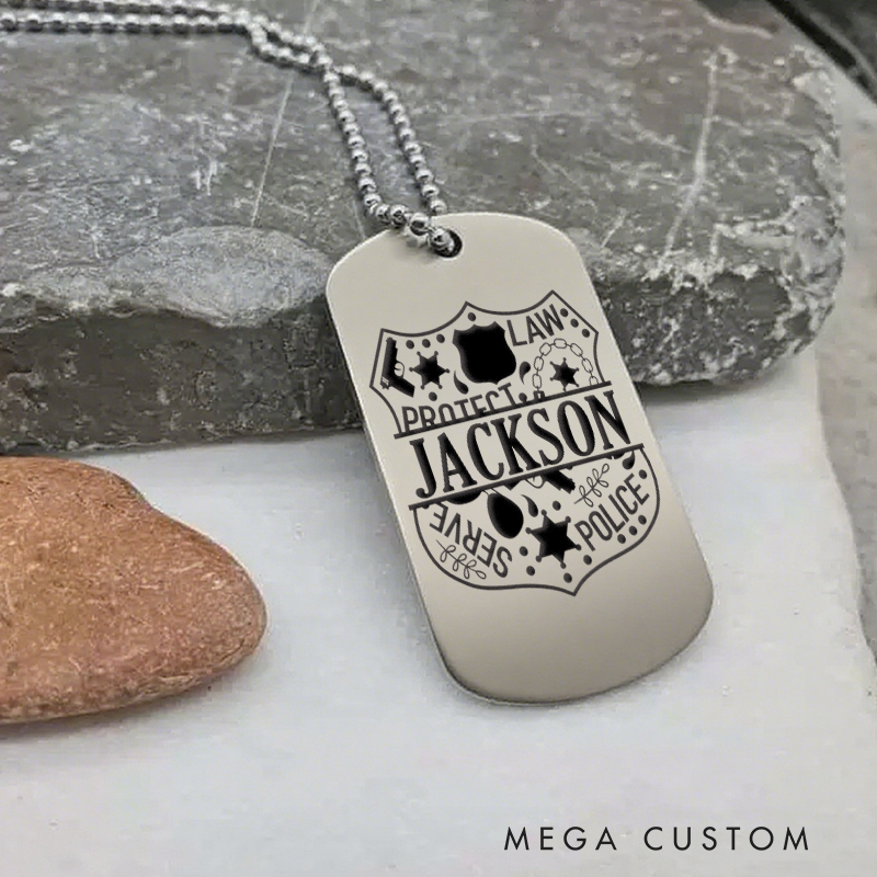 Personalized Police Shield Word Art Dog Tag Necklace Custom Gift for Law Enforcement